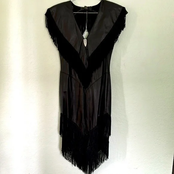Climax | Dresses | Vintage Black Leather Fringe With Rhinestone Dress Hot |  Poshmark
